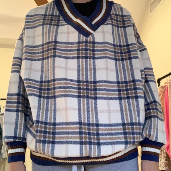 Turtleneck Longsleeve Top Plaid Vneck 